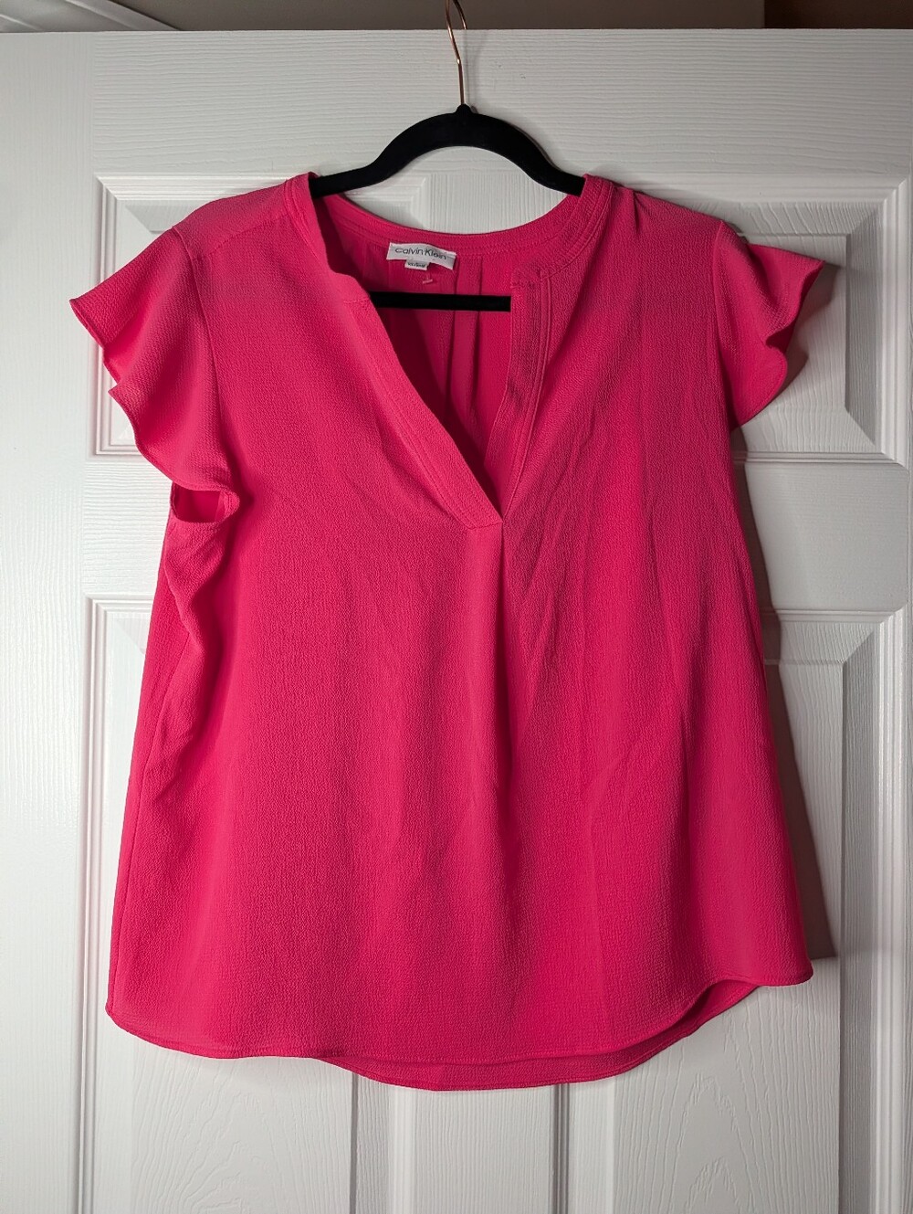 Calvin Klein Women Large Pink Flutter Sleeve V Neck Blouse Career Top